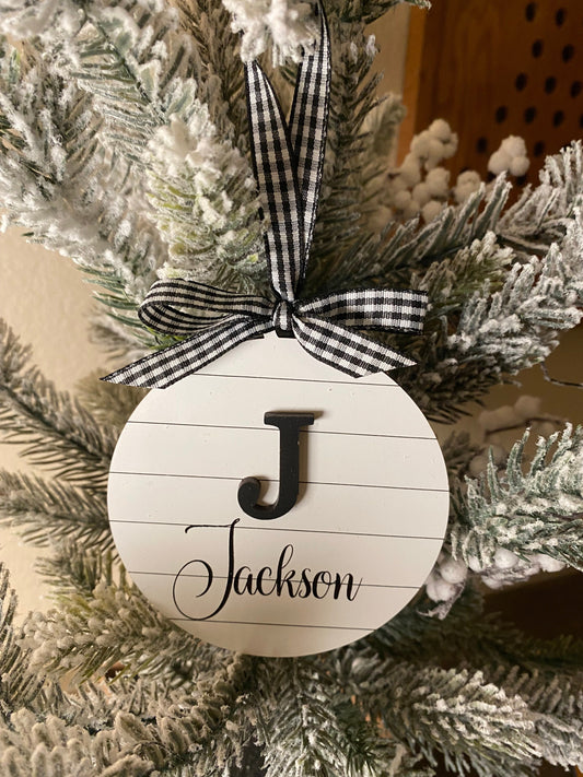 Black & White Shiplap Laser Engraved Personalized Christmas Ornament