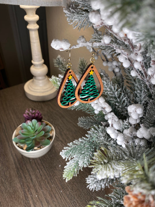 Hand Painted Laser-Cut Christmas Tree Drop Earrings