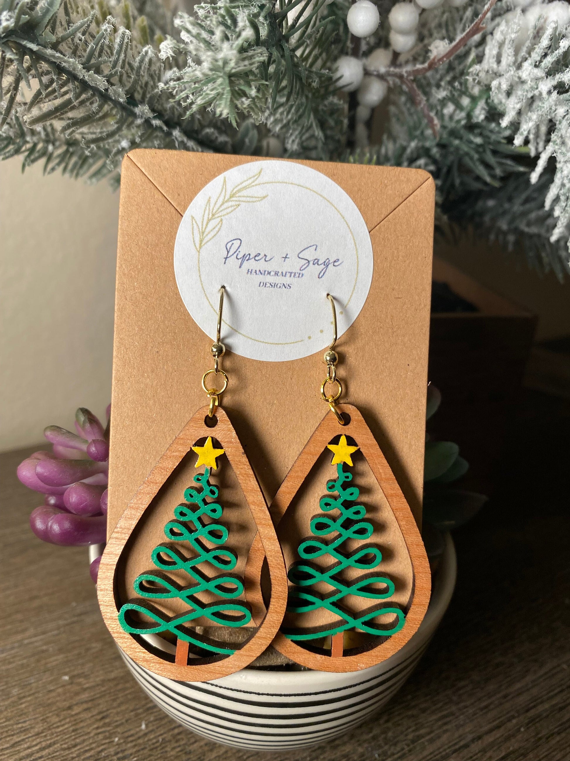 Hand Painted Laser-Cut Christmas Tree Drop Earrings