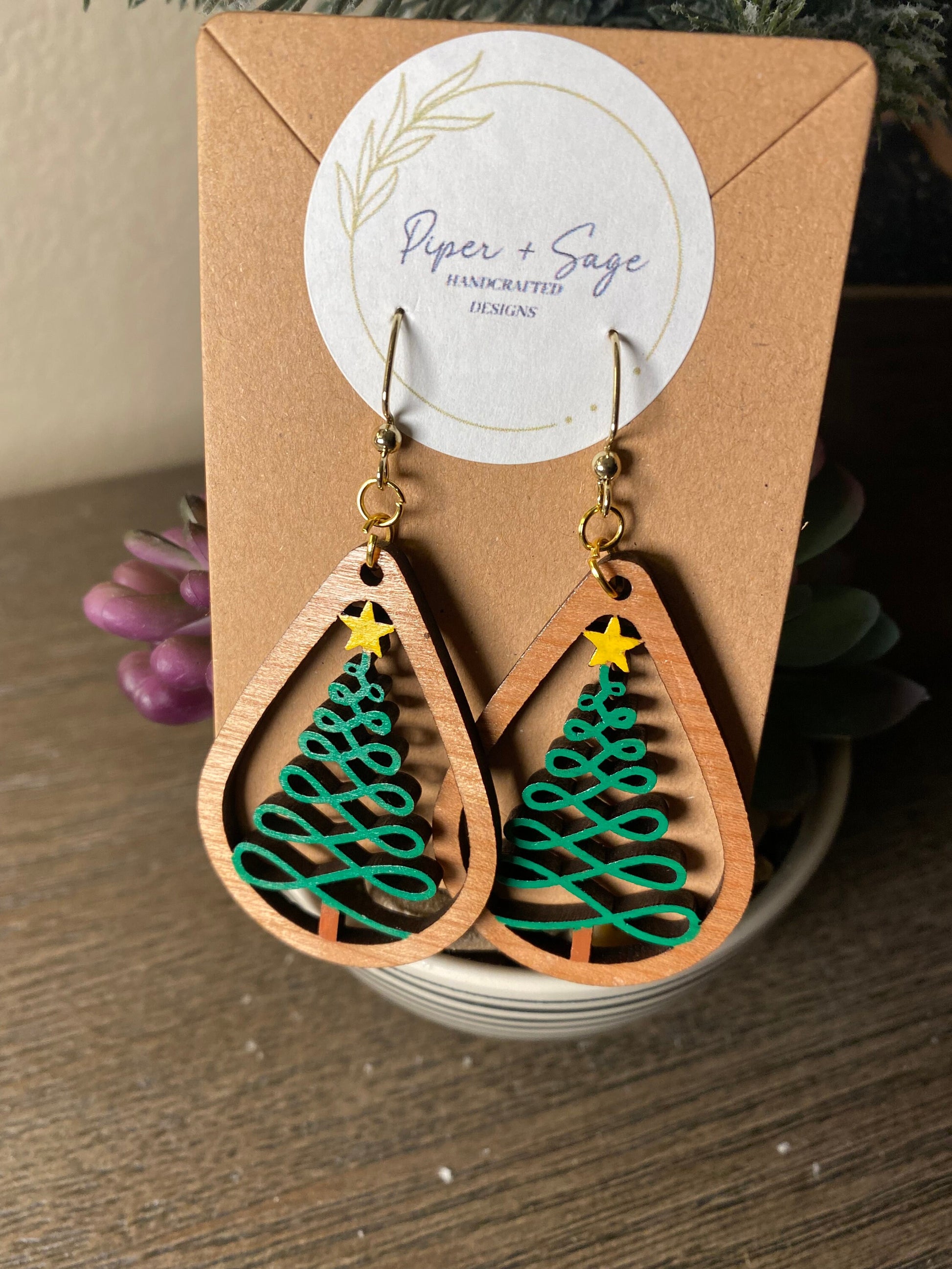 Hand Painted Laser-Cut Christmas Tree Drop Earrings