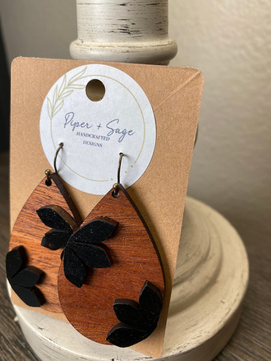 Dimensional Black Flower Earrings on Sapele Wood