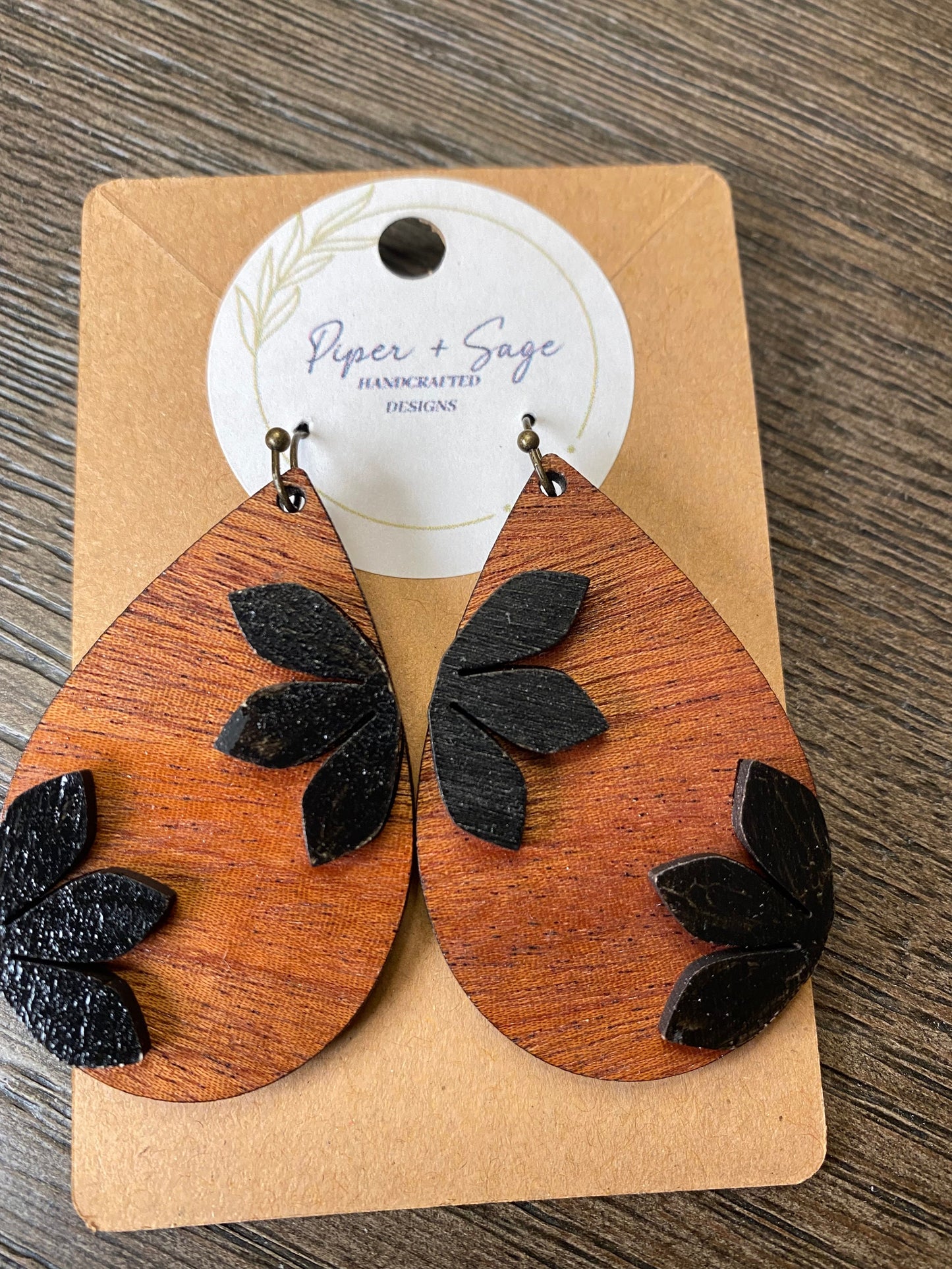 Dimensional Black Flower Earrings on Sapele Wood