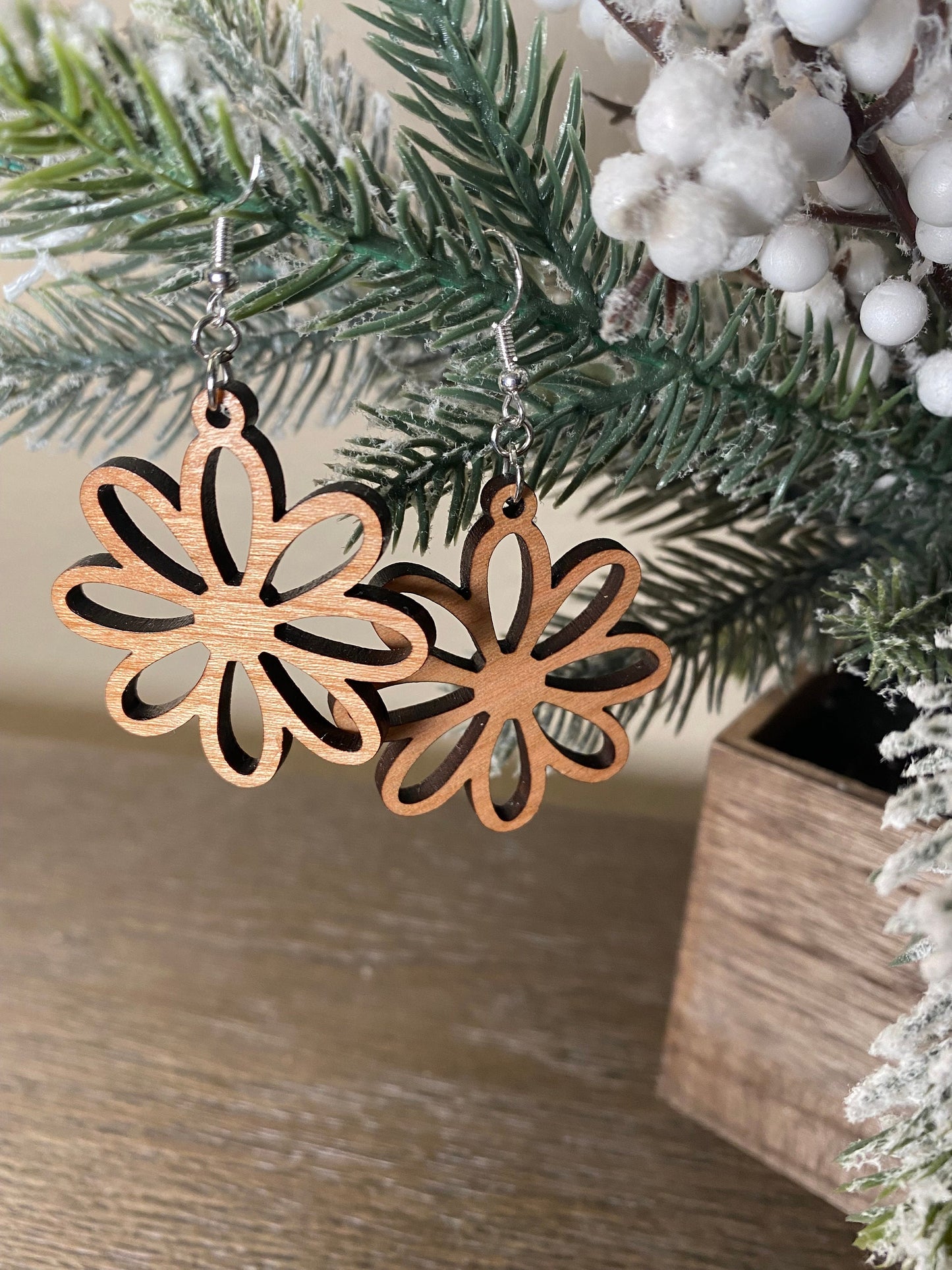 Wood Flower Drop Earrings