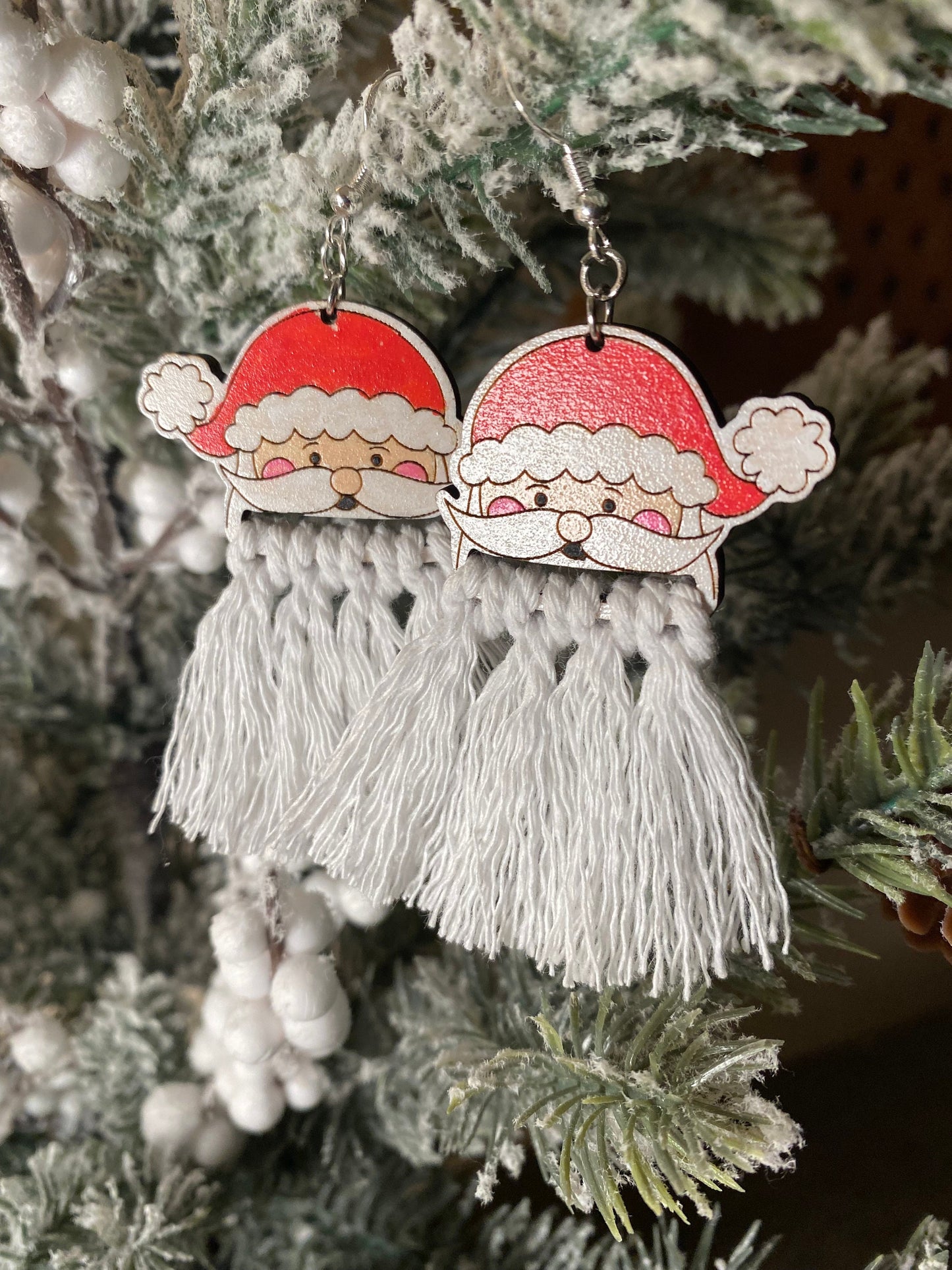 Laser-Cut Hand Painted Santa's Macrame Beard Earrings