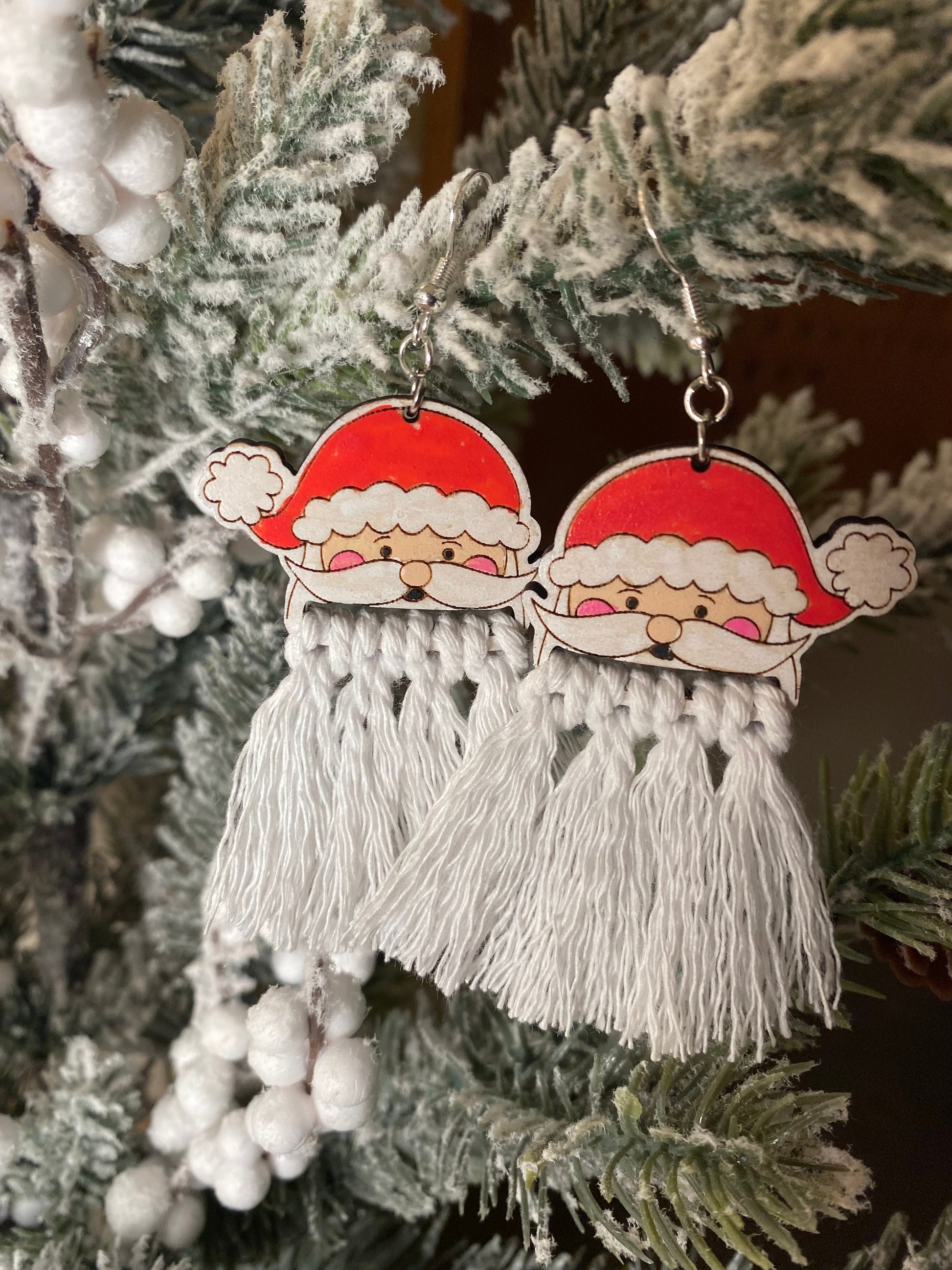 Laser-Cut Hand Painted Santa's Macrame Beard Earrings